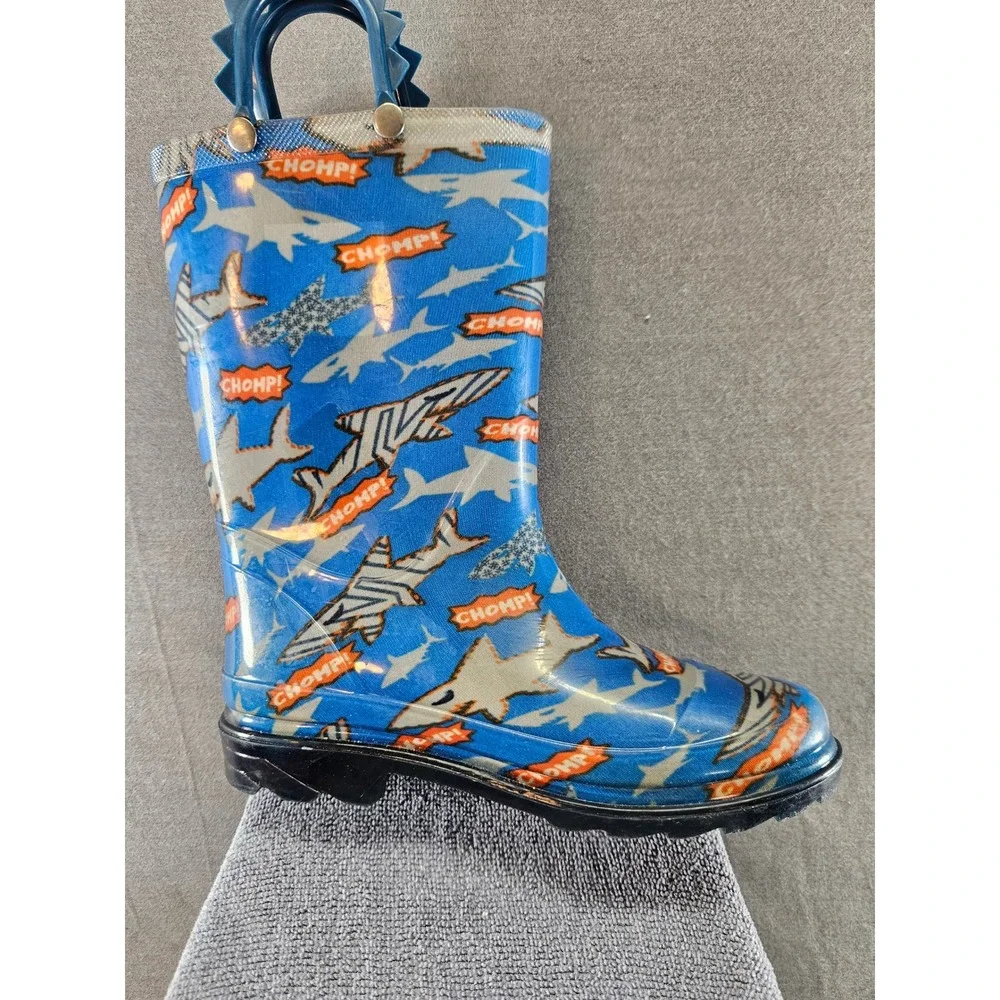 Shark Chomp Print Blue Rubber Rain Boots Kids Size 13/1 Waterproof  (sku 131)